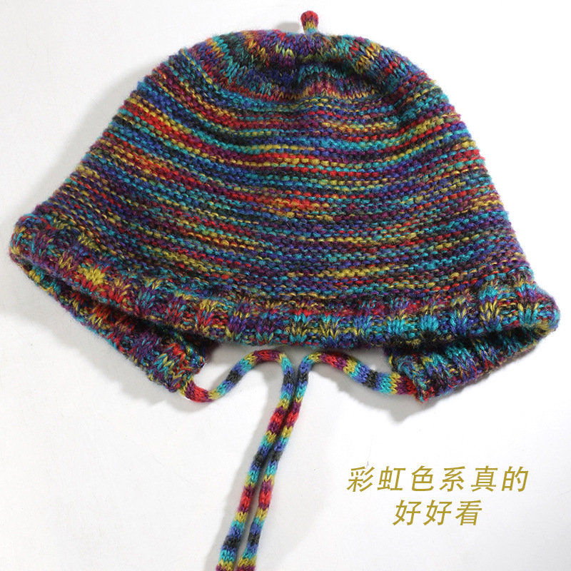 秋冬彩虹撞色毛線帽針織綁帶包頭帽